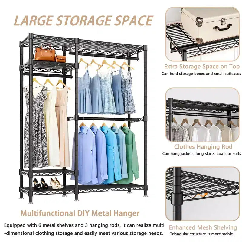 Okak Heavy Duty Storage Rack with 6 Adjustable Wire Shelving, Freestanding Coat Rack with 3 Clothes Rails, Hall Tree for Living Room, Bedroom, Black