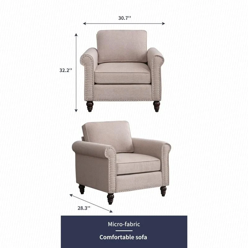 Modern Linen Sectional Single Sofa with Solid Wood Frame & Pocket Coils