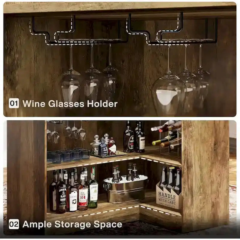 L-Shaped Bar Cabinet with Stemware Racks for Home Pub