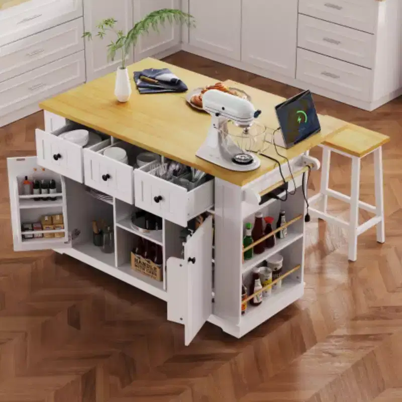 53 White Large Kitchen Island with Drop Leaf & 5 Wheels