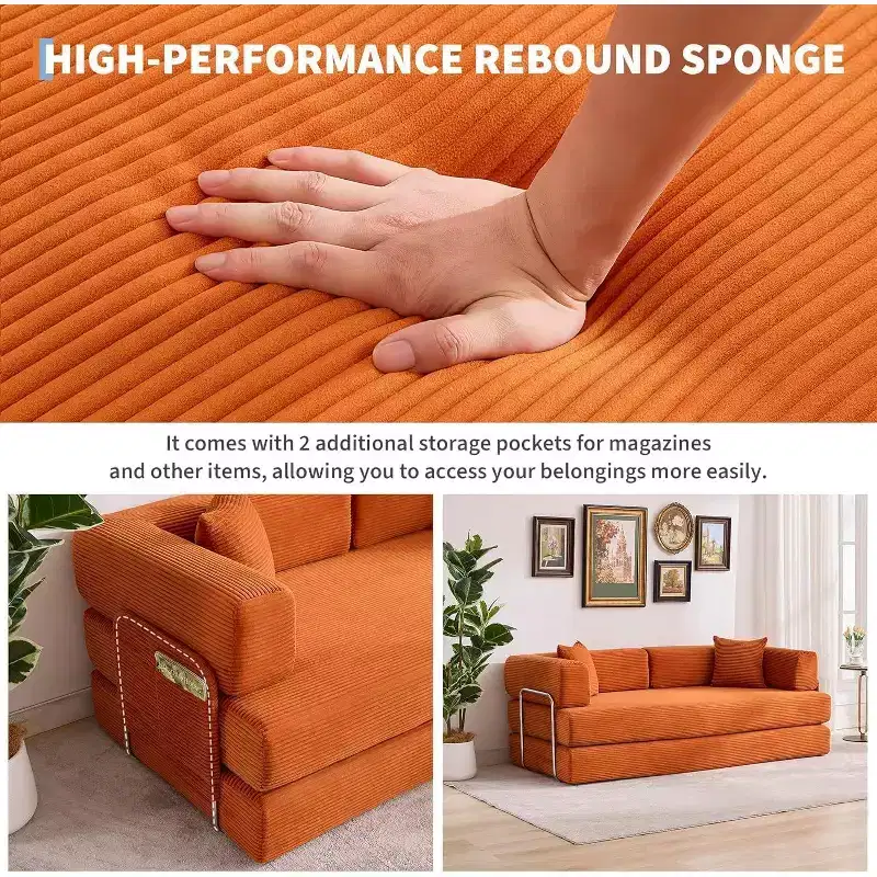 Convertible Couch, Folding Sofa Bed with 2 Pillows, Plush Corduroy Boneless Convertible Sofa, No Assembly Required for Living Room, Bedroom