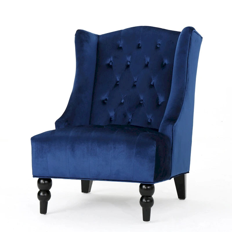Upholstered Wingback Chair – Blue / Navy / Silver / Green, Button-Tufted Diamond Stitch, Birch Legs, Seats 1