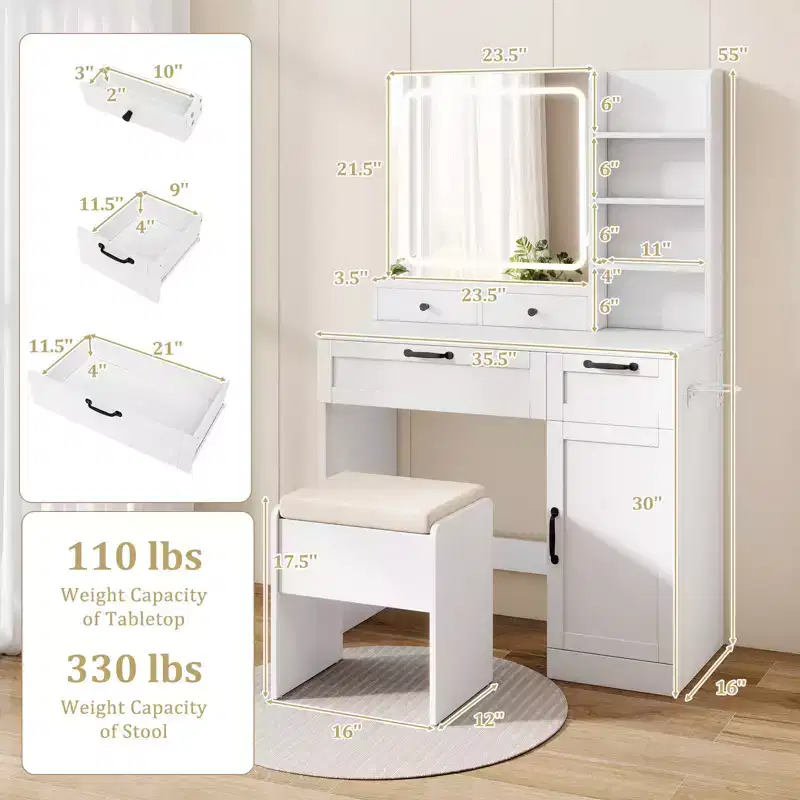 Costway Vanity Set w/Cushioned Stool Makeup Table w/Adjustable Lighting Mode Brightness