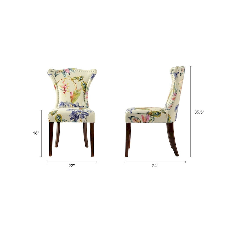 Armless Upholstered Dining Chair – Off-White Floral / Gold Floral / Moss Green / Jet Black / Brown Floral / Midnight Blue, Curved Back, Nailhead Trim, Seats 1