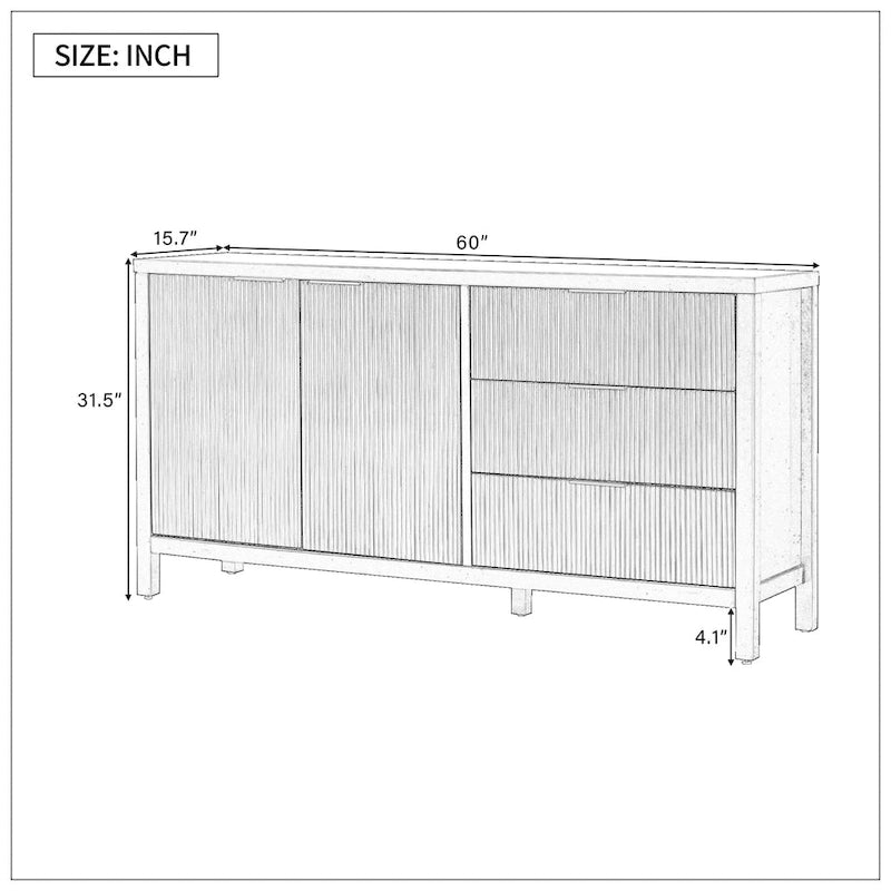 Wave-Pattern Sideboard – Navy Blue, MDF, Acacia Wood Legs, Aluminum Handles, 2 Doors & 3 Drawers
