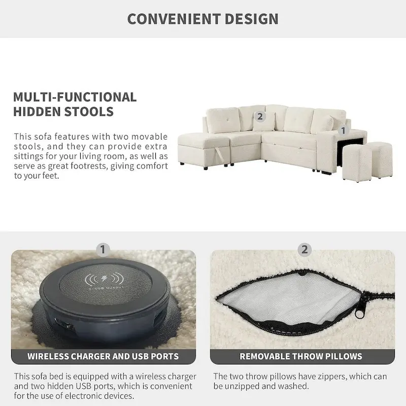 Sectional Sofa Pull Out Sofa Bed with Storage Ottoman, Convertible Sleeper for Living Room