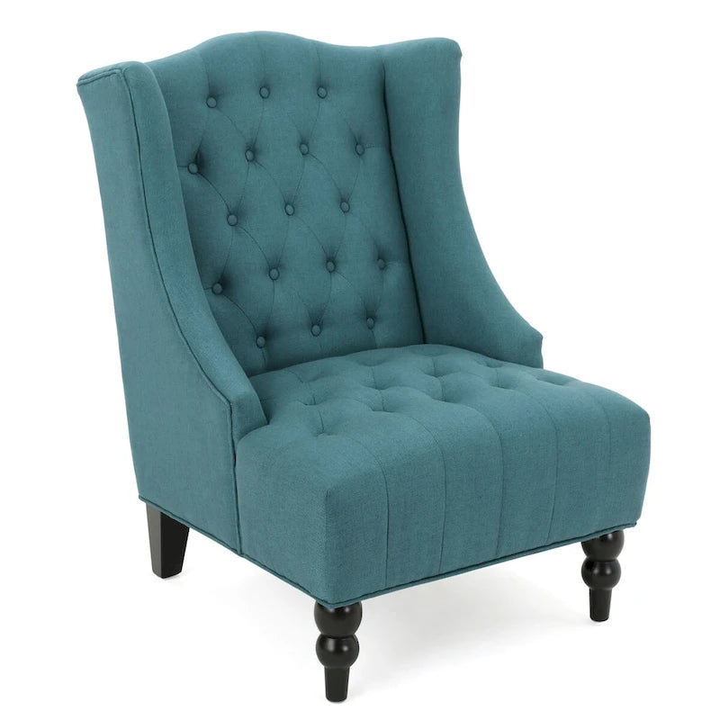 Upholstered Wingback Chair – Blue / Navy / Silver / Green, Button-Tufted Diamond Stitch, Birch Legs, Seats 1