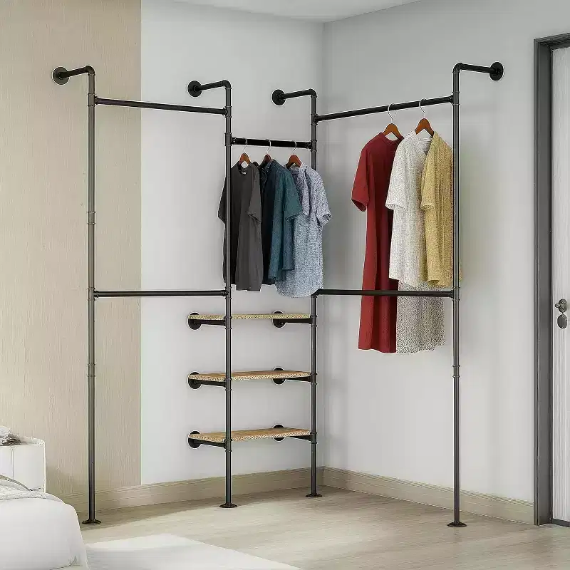 Wall-Mounted Industrial Pipe Clothing Rack with 3 Shelves – 85Hx81Wx12D