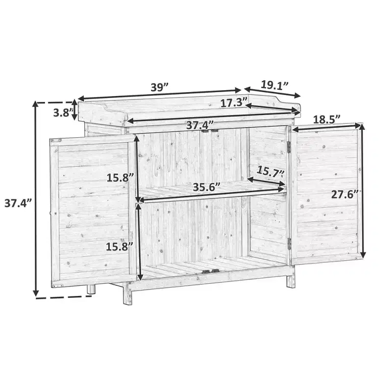 Outdoor Potting Bench with 2-Tier Shelves & Side Hooks, Galvanized Tabletop, Garden Workstation