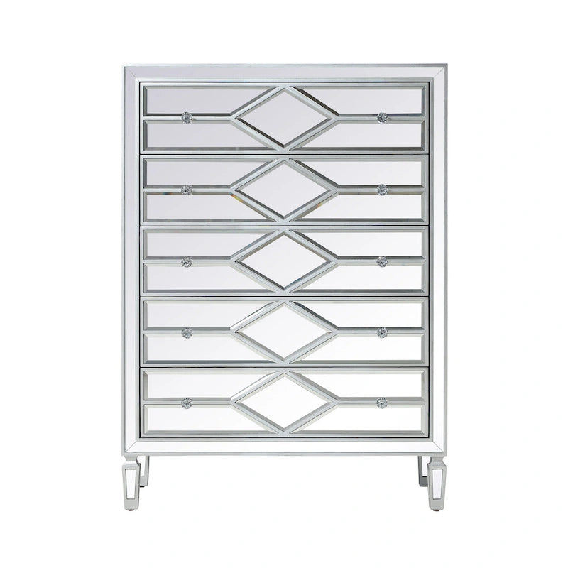 5-Drawer Chest – Antique White / Silver, Beveled Mirror Panels, Crystal Knobs, Hand-Painted Finish