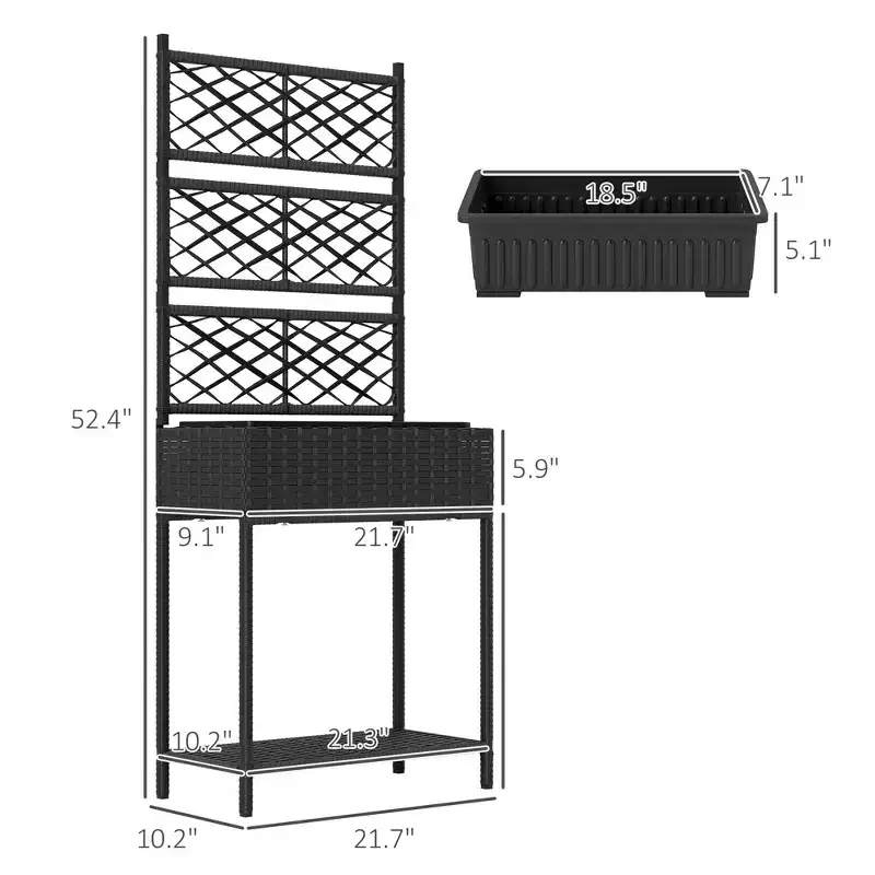 Outdoor Wicker Planter with Trellis for Climbing Plants, Freestanding Rattan Garden Box with Storage Shelf
