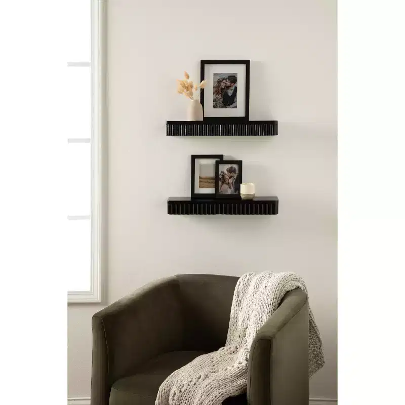 Kate & Laurel All Things Decor Set of 2 Reid Ribbed Floating Shelves Black