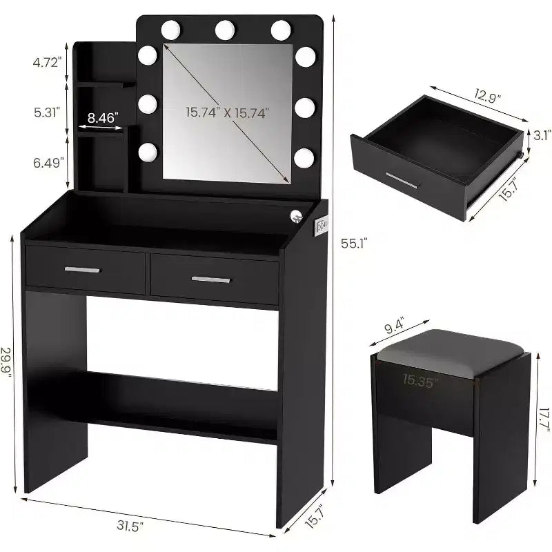 Vanity Desk with Mirror, Makeup Vanity with Cushioned Stool, 3 Lighting Modes Adjustable Brightness