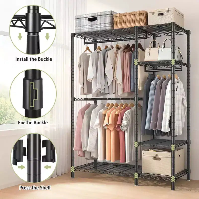 Okak Heavy Duty Storage Rack with 6 Adjustable Wire Shelving, Freestanding Coat Rack with 3 Clothes Rails, Hall Tree for Living Room, Bedroom, Black