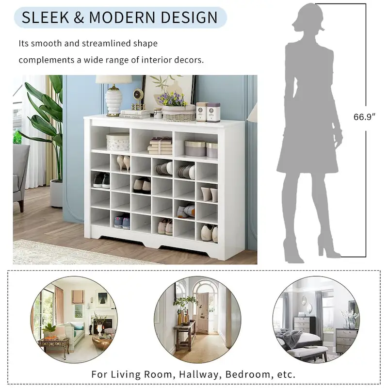 24-Cubby Shoe Cabinet with Curved Base, Versatile Sideboard