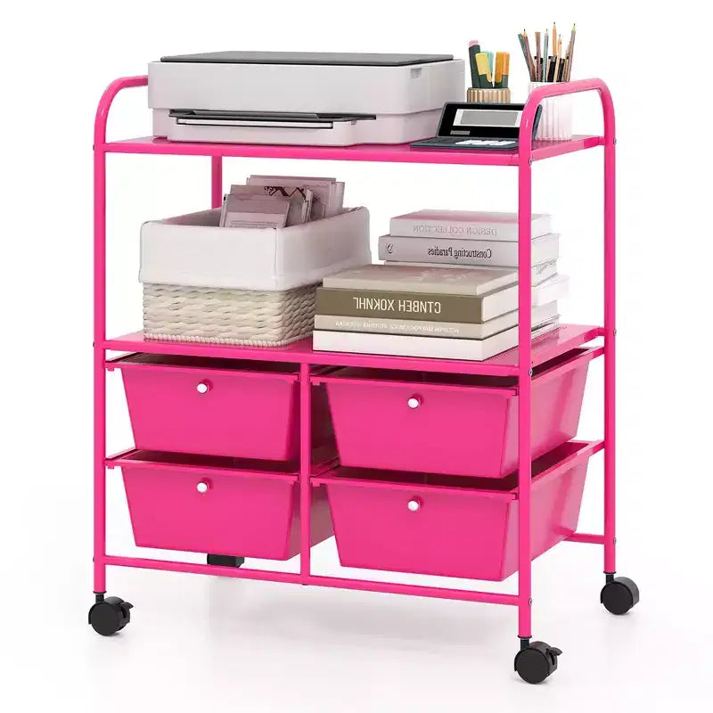 Mobile Storage Cart with 4 Drawers Scrapbook Paper Holder Office and School Organizer Shelf Multicolored/Hot Pink