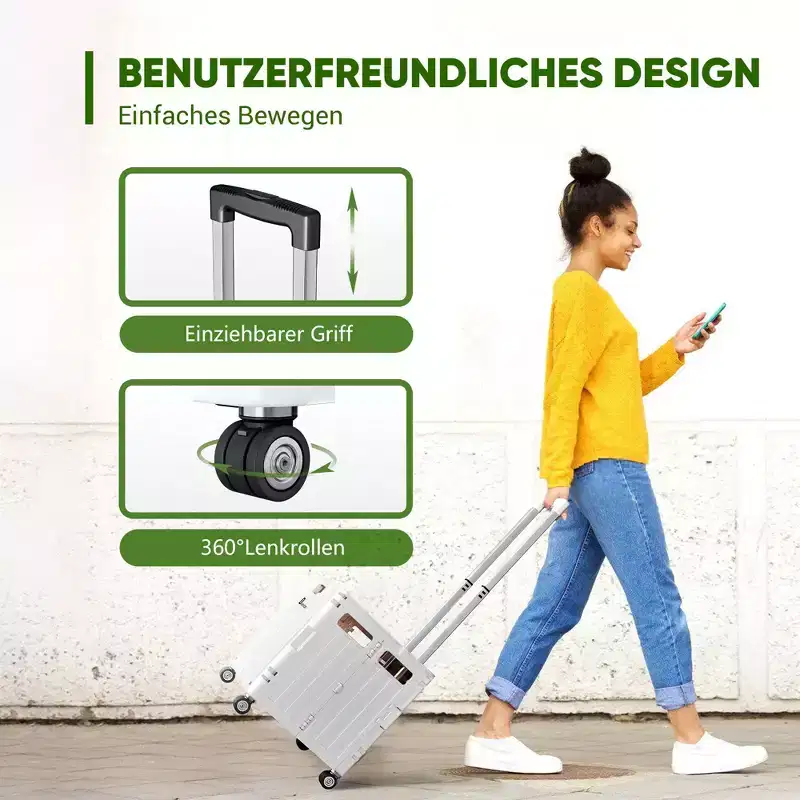 Foldable Utility Shopping Cart White 65L Rolling Wheels Adjustable Handle