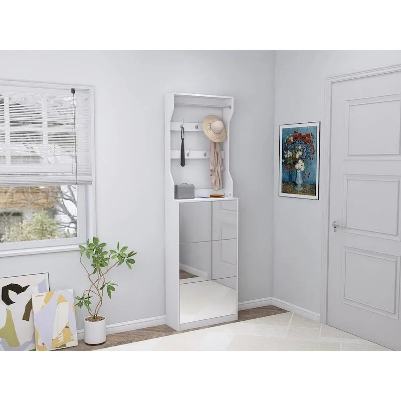 White Flip-Down Shoe Cabinet with Mirror Hooks Hanger Rod Tabletop Entryway Storage