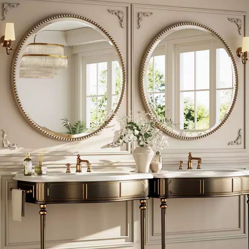Beaded Round Wall Mirror - Decorative Vanity Bathroom Mirror with Resin Frame