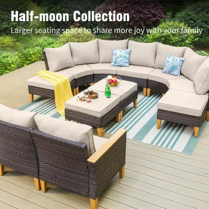 Captiva Designs 7pc Outdoor Wicker Rattan Patio Half-Moon Curved Sectional Sofa Set with Cushioned Ottoman