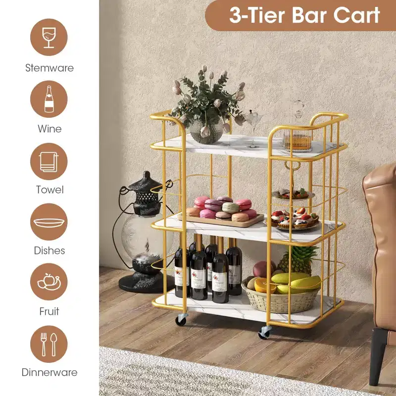 3-Tier Kitchen Storage Utility Cart Gold Rolling Bar Serving w/Lockable Casters