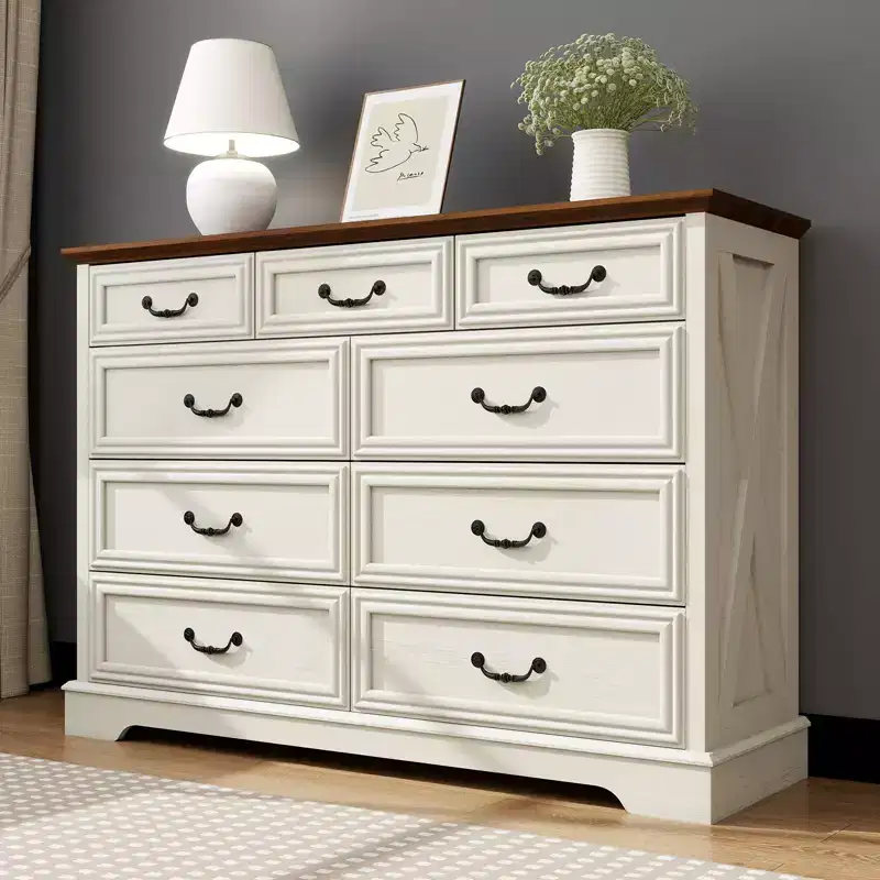 9 Drawer Farmhouse Dresser, Rustic Chest of Drawers with Ample Storage, Solid Wood Look & Metal Handles, Bedroom Clothes Organizer