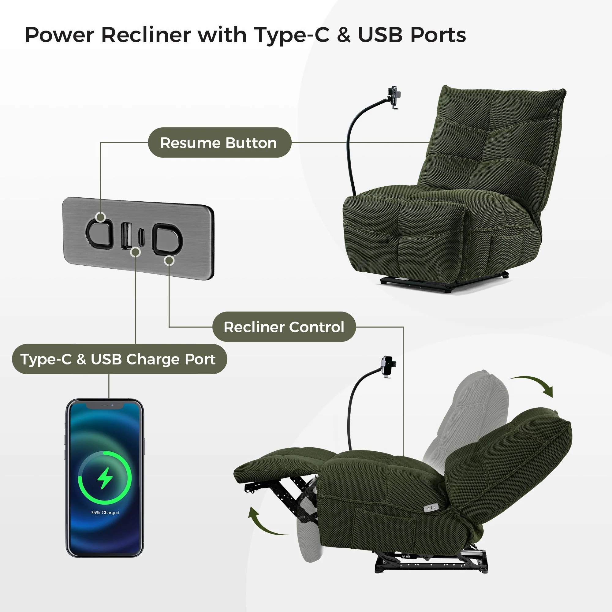 Recliner with Wireless Charging and USB Port