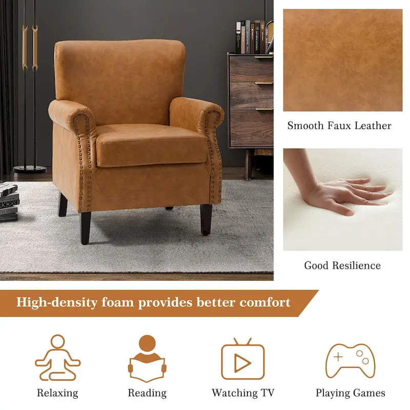 Transitional Leather Armchair with Nailhead Trim Rolled Arms