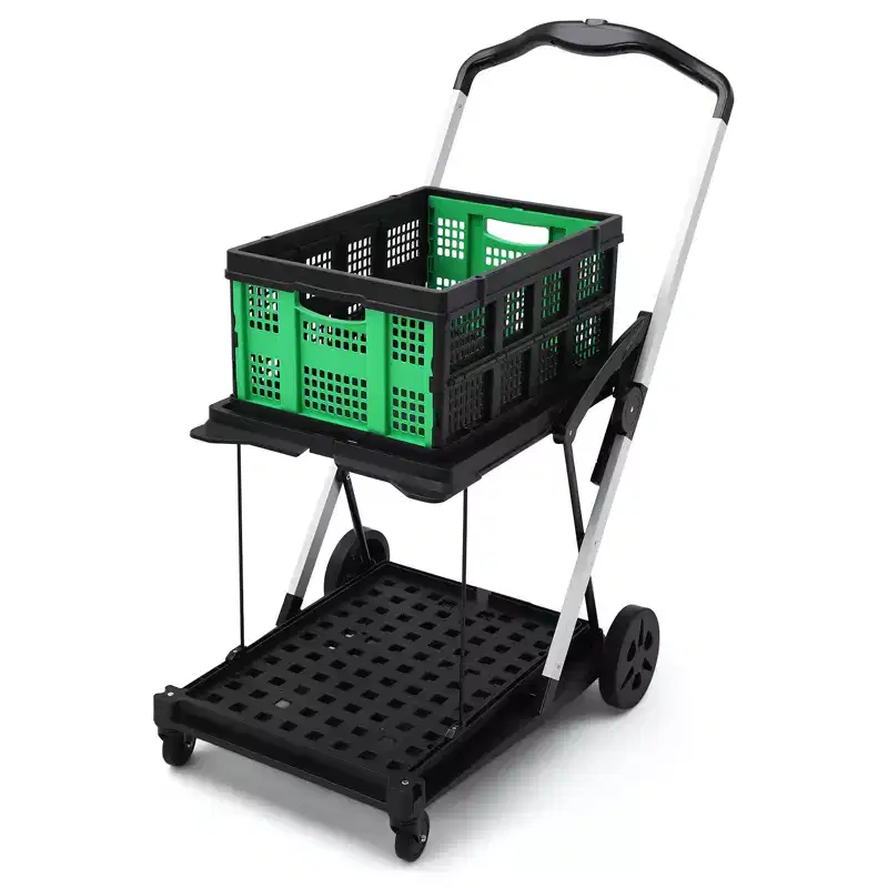 2 Tier Folding Shopping Carts for Groceries, 198 LB Capacity, Collapsible Portable Grocery Cart with Wheels & Removable Crate for Mall Market, Blue