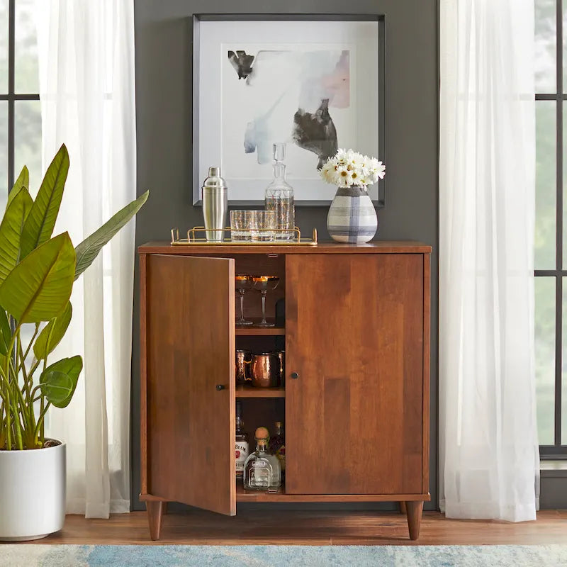 2-Door Buffet Sideboard – Tobacco Brown, Acacia Veneer & Rubberwood, Black Metal Knobs, Mid-Century Modern Style
