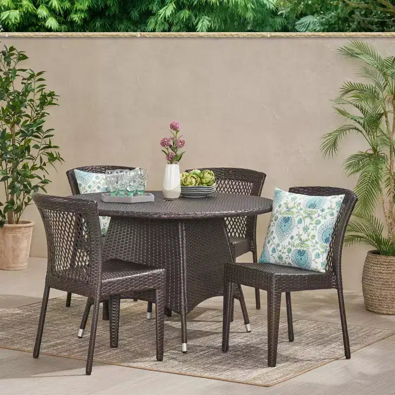 GDFStudio Holmes 5 Piece Outdoor Wicker Dining Set with Round Table and Umbrella Hole