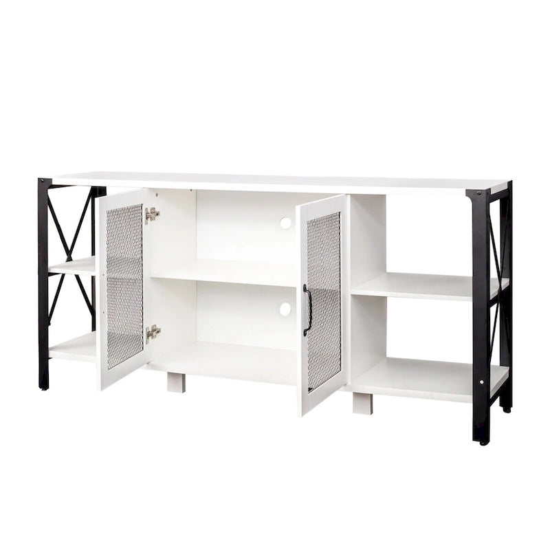 80-Inch Industrial TV Stand – Espresso / Walnut / White, Wood & Metal, Open Shelving with Mesh Door