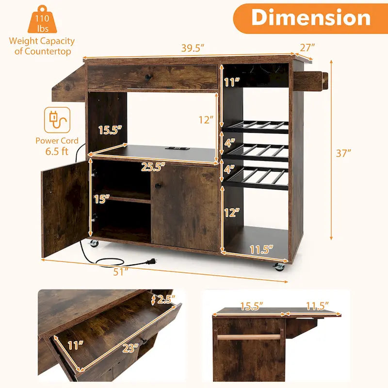 Kitchen Island Cart – White / Brown / Black, Drop-Leaf, Power Outlet, Wine Rack, Microwave Shelf, Casters