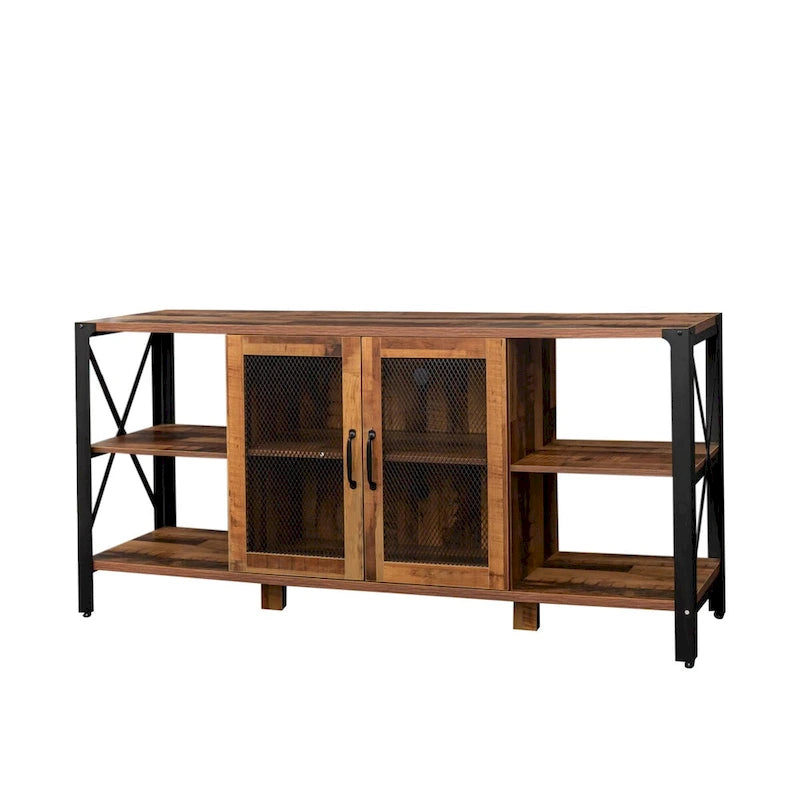 80-Inch Industrial TV Stand – Espresso / Walnut / White, Wood & Metal, Open Shelving with Mesh Door