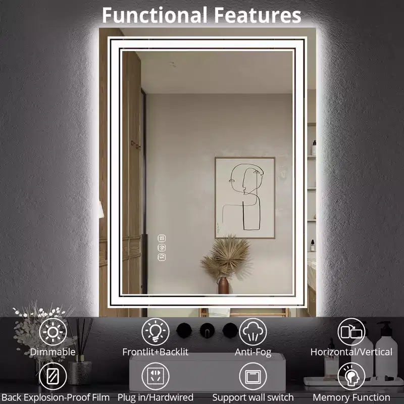 LED Backlit & Front-Lit Bathroom Mirror with Anti-Fog & Dimming