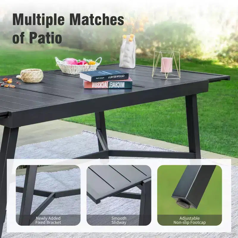 Captiva Designs 9pc Patio Dining Extendable Black Steel Rectangle Table & Textilene Swivel Chairs