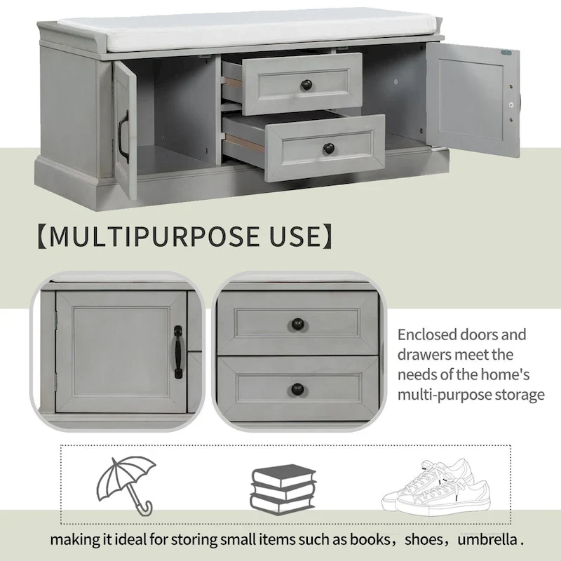Storage Shoes Bench with 2 Drawers, 2 Cabinets and Removable Cushion