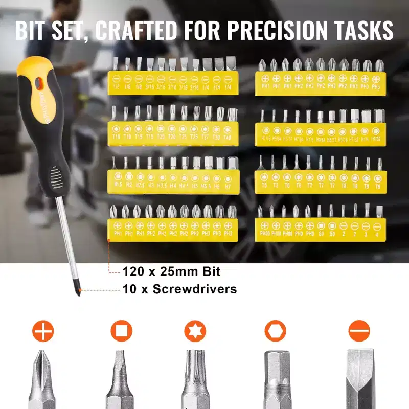 VEVOR 221-Piece Mechanics Tool Set, 1/4 and 3/8 Drive Sockets, SAE and Metric with Bits, Wrenches, Ratchet Handle, Accessories, Black&Silver