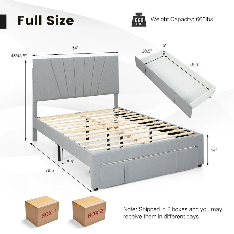 Linen Platform Bed Frame – Grey, Adjustable Headboard, 1 Pull-Out Drawer, Full / Queen, Sleeps 1