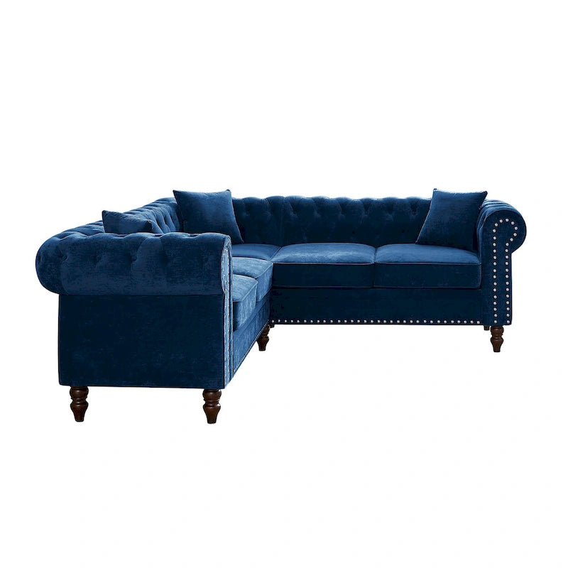 L-shaped sofa with deep-stitched details and curled armrests.
