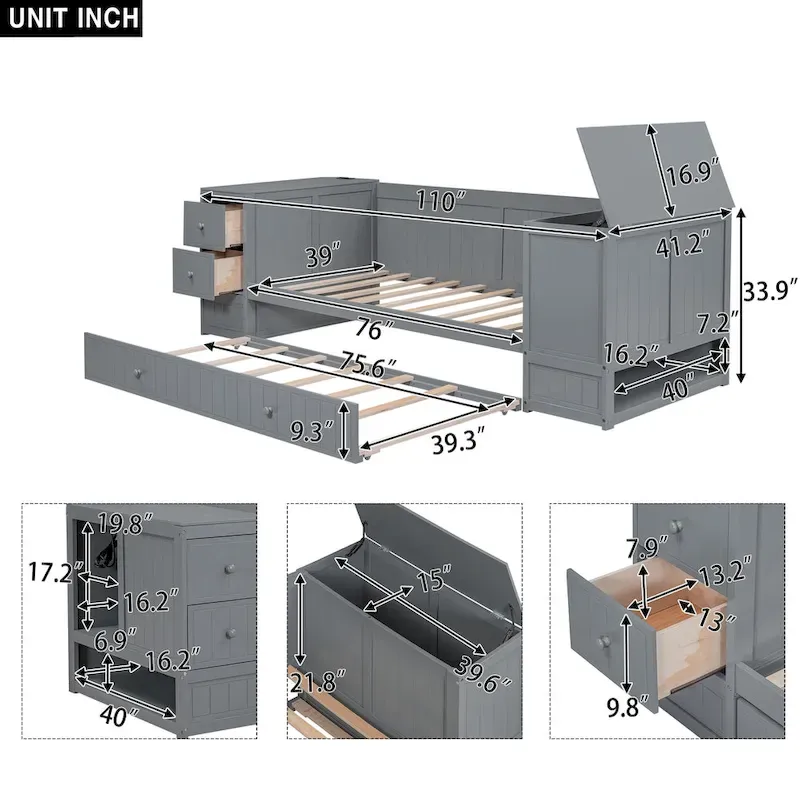 Twin Size Daybed with Storage Arms