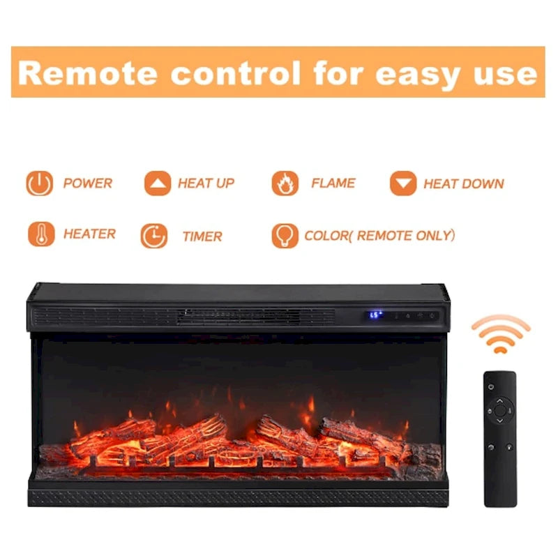3-Sided Glass Electric Fireplace Insert – Gray & Blue Light / Black, Freestanding or Insert, 18 or 36 Inch