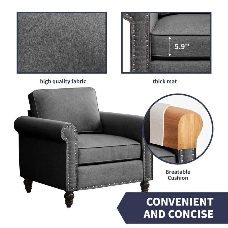Modern Linen Sectional Single Sofa with Solid Wood Frame & Pocket Coils