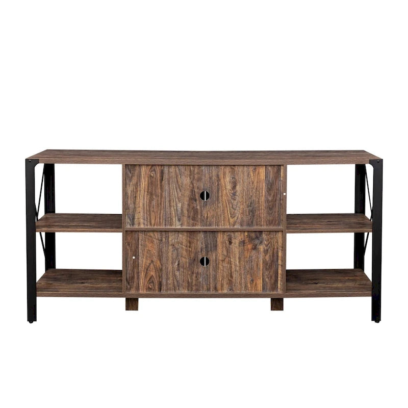 80-Inch Industrial TV Stand – Espresso / Walnut / White, Wood & Metal, Open Shelving with Mesh Door