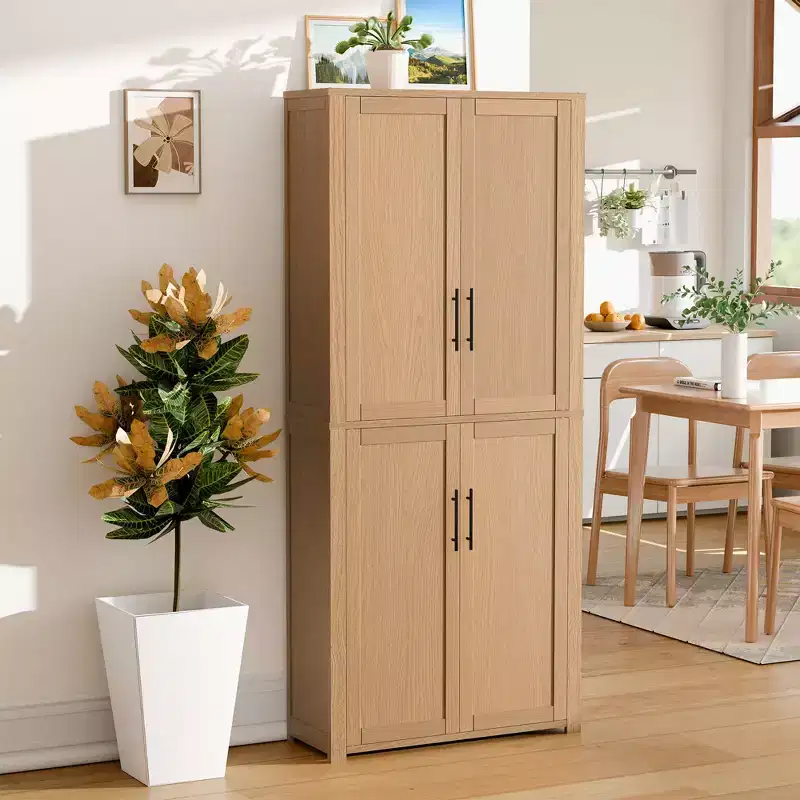 Kitchen Pantry Cabinet, Freestanding Food Storage Cabinet with 4 Doors & Adjustable Shelves, Floor Utility Storage Organizer