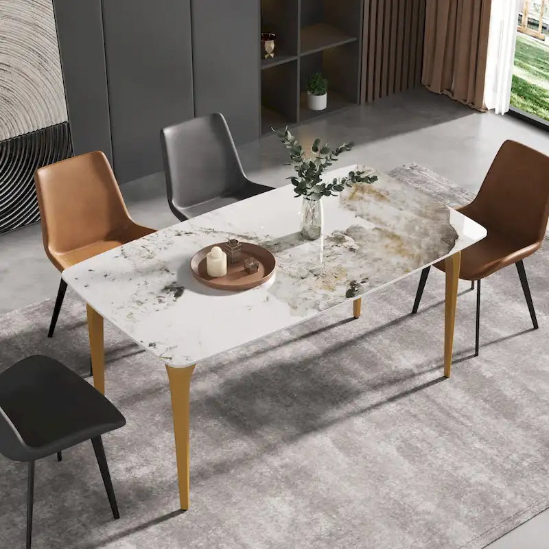 White & Black / Purple / Gold Sintered Stone Top Dining Table with Metal Legs for 4–6 Person