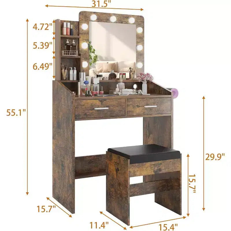 Vanity Desk with Mirror, Makeup Vanity with Cushioned Stool, 3 Lighting Modes Adjustable Brightness