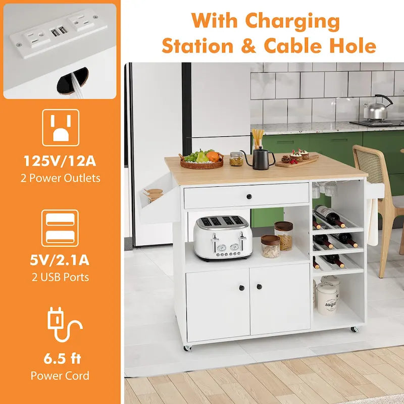 Kitchen Island Cart – White / Brown / Black, Drop-Leaf, Power Outlet, Wine Rack, Microwave Shelf, Casters