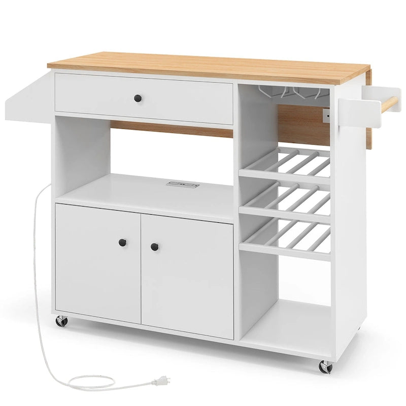 Kitchen Island Cart – White / Brown / Black, Drop-Leaf, Power Outlet, Wine Rack, Microwave Shelf, Casters