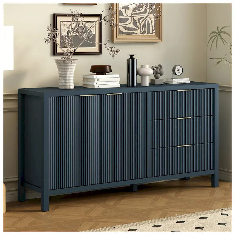 Wave-Pattern Sideboard – Navy Blue, MDF, Acacia Wood Legs, Aluminum Handles, 2 Doors & 3 Drawers